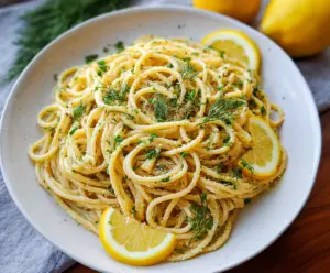 Delicious browned butter lemon dill pasta served in a bowl with fresh herbs and lemon wedges.