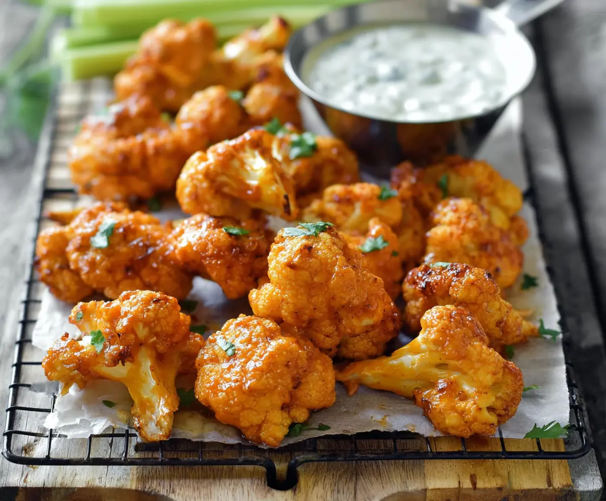 Vegan Buffalo Cauliflower Wings served with a side of celery and blue cheese dip