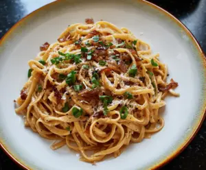 Delicious caramel onion pasta served on a white plate, garnished with herbs, showcasing a sweet and savory flavor combination.