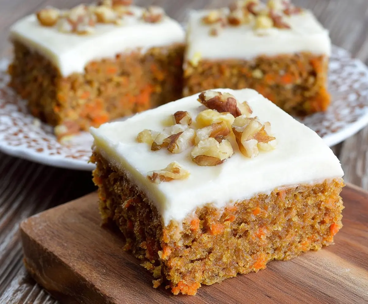 Delicious carrot cake bars topped with creamy cream cheese frosting on a white plate.