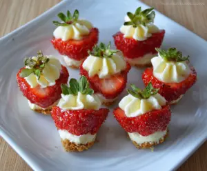 Delicious cheesecake stuffed strawberries garnished with chocolate drizzle for a sweet treat.