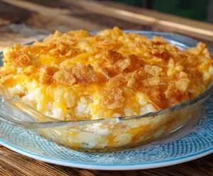 Delicious cheesy funeral potatoes casserole with golden melted cheese on top