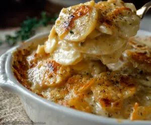 Delicious cheesy garlic scalloped potatoes fresh out of the oven, topped with melted cheese and herbs.
