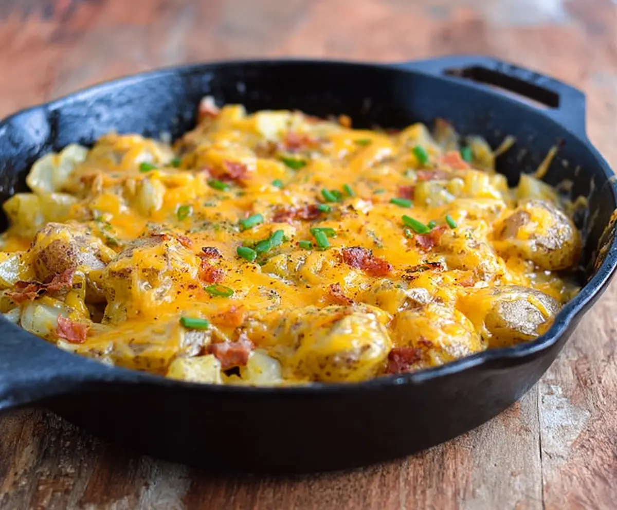 Delicious cheesy potato skillet served in a rustic cast iron pan with melted cheese and herbs