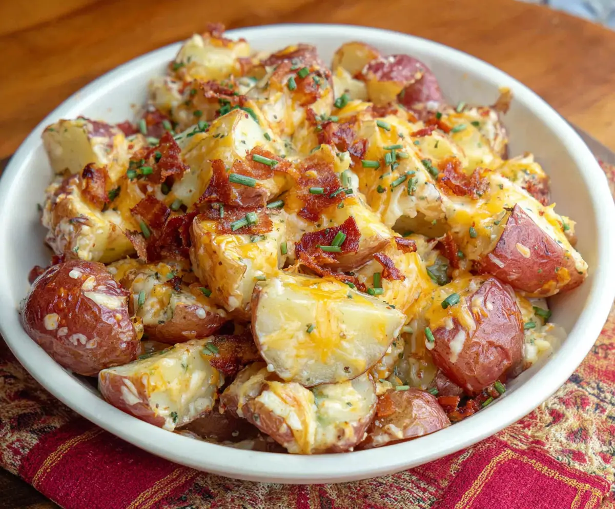 Delicious cheesy red potatoes garnished with herbs on a rustic plate, perfect for a comforting side dish.