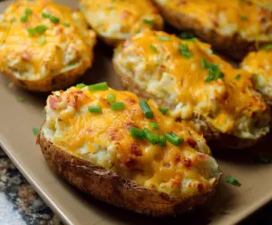 Delicious cheesy twice baked potatoes topped with melted cheese and green onions