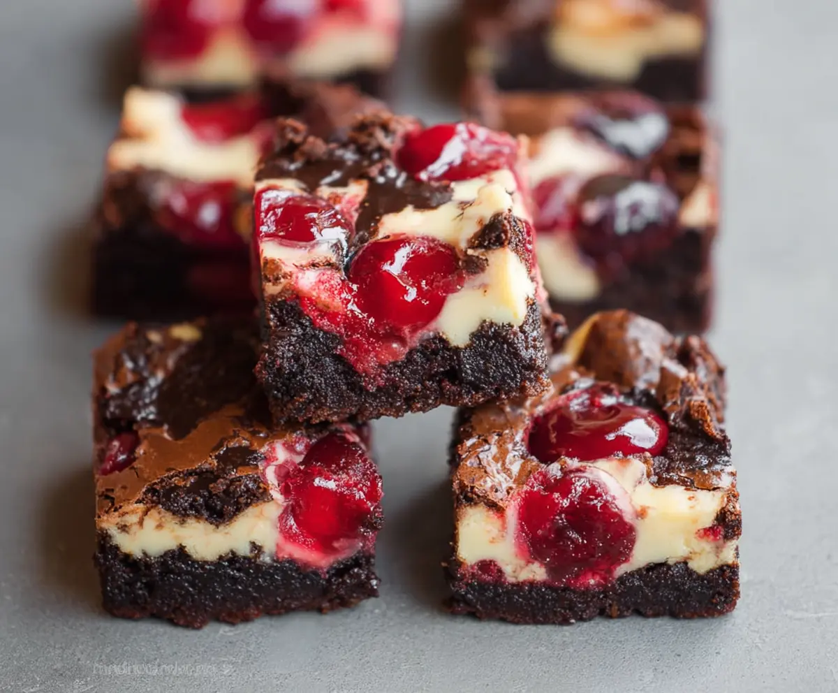 Delicious cherry cheesecake brownies with a rich chocolate base and creamy cherry topping