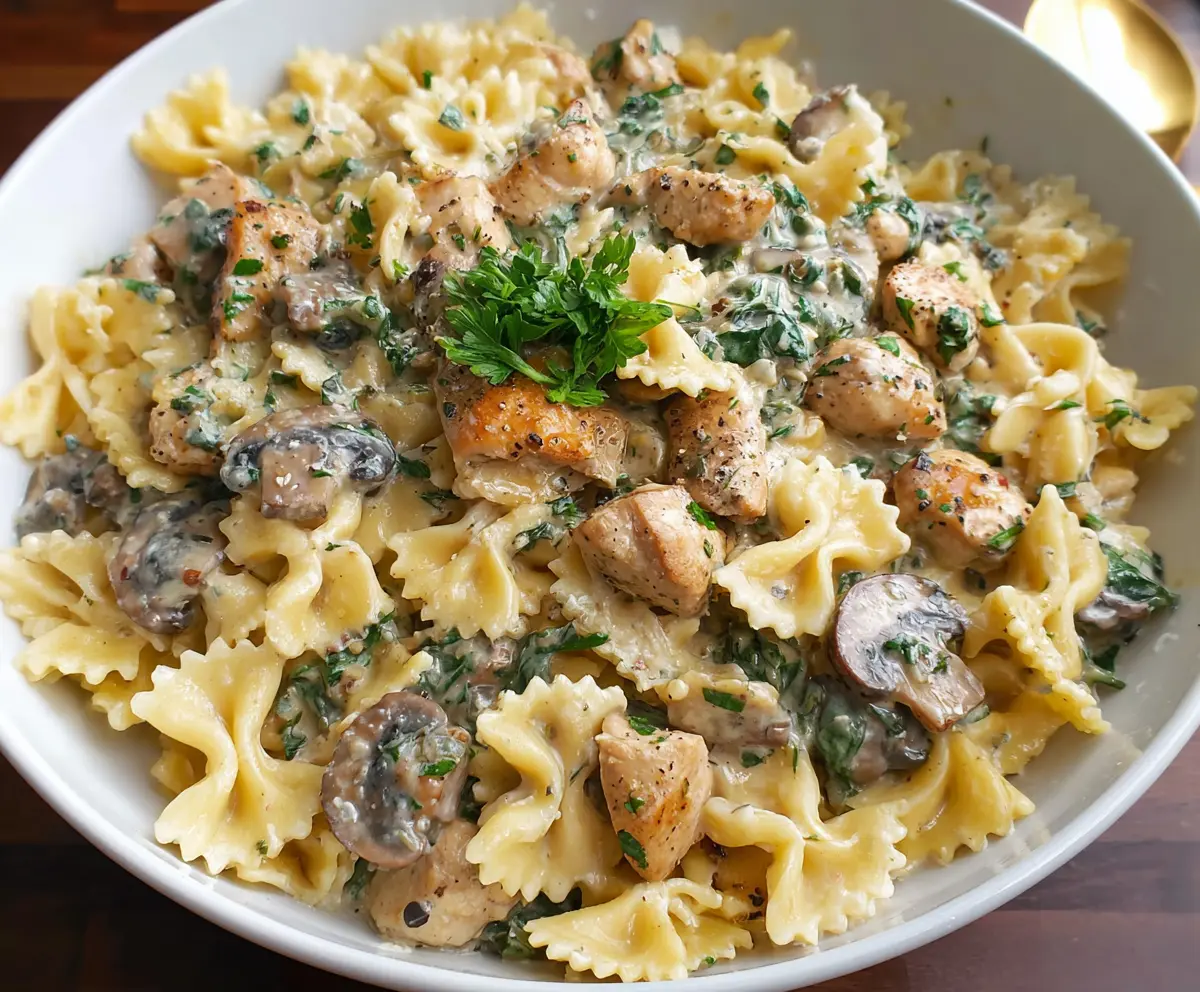 Delicious chicken and mushroom pasta served on a white plate, showcasing creamy sauce and fresh herbs.