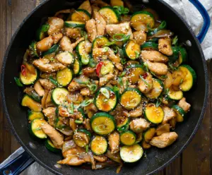 Delicious Chicken Zucchini Stir Fry with vibrant vegetables and tender chicken pieces.