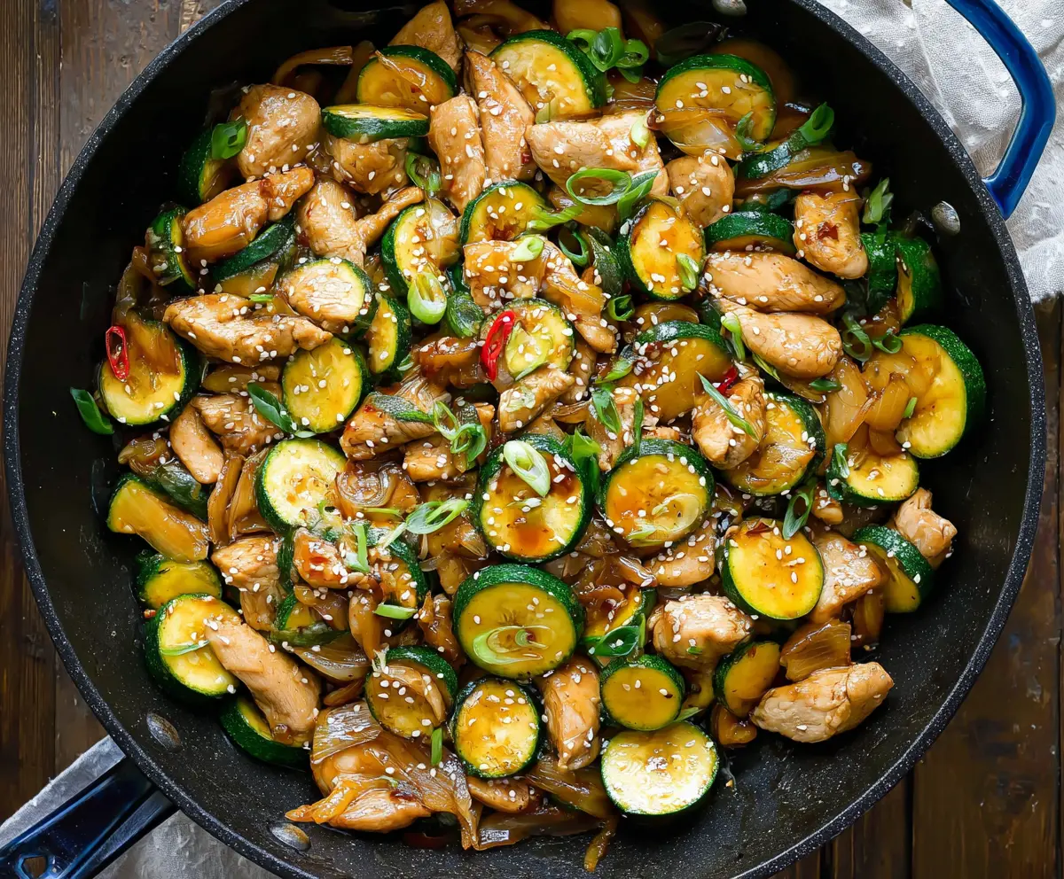 Delicious Chicken Zucchini Stir Fry with vibrant vegetables and tender chicken pieces.