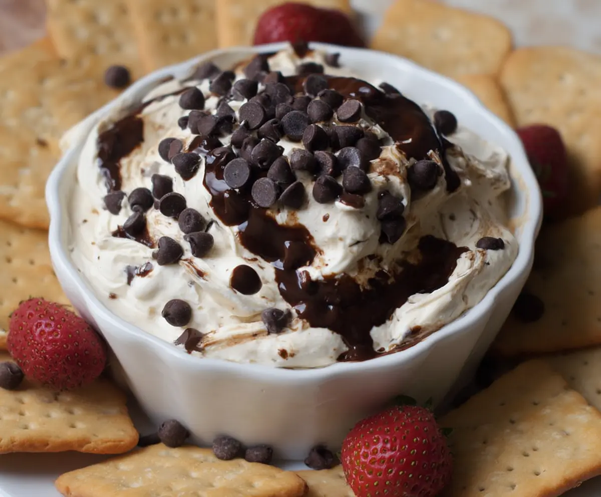 Creamy chocolate chip dessert dip served with fresh fruit and cookies.