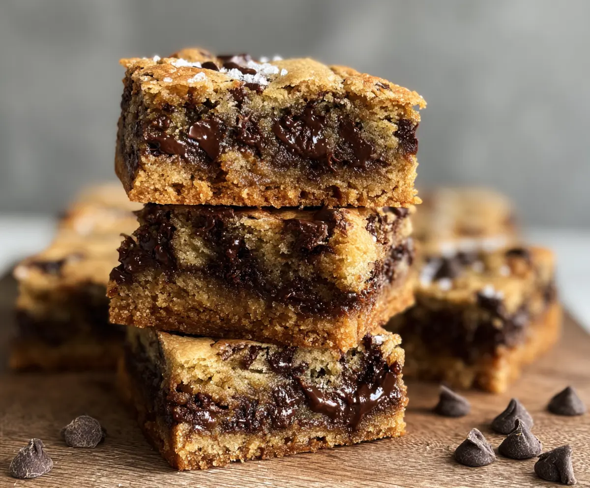 Chocolate chip sourdough cookie bars with gooey chocolate chips on a baking tray.