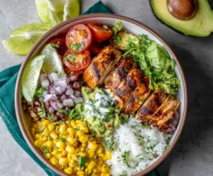 Delicious cilantro lime chicken bowls served with fresh vegetables and rice.