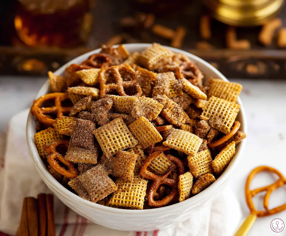 Delicious cinnamon sugar Chex Mix with crunchy cereal and sweet coating