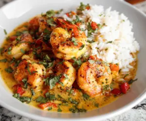 Delicious Coconut Curry Shrimp served with rice, garnished with fresh herbs.