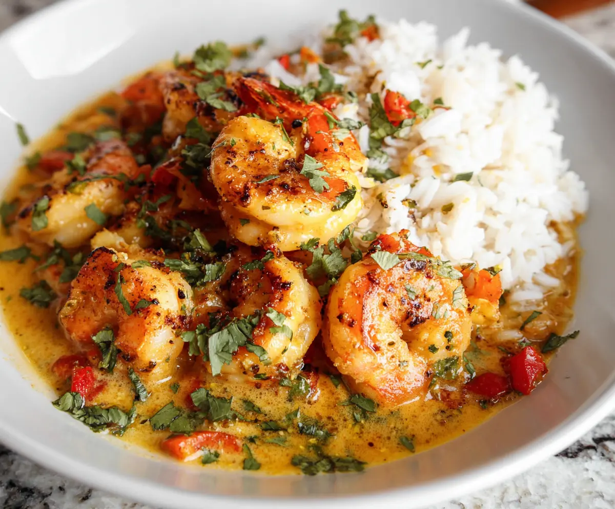Delicious Coconut Curry Shrimp served with rice, garnished with fresh herbs.
