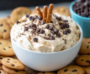 Creamy cookie dough dip garnished with chocolate chips for a delicious treat.