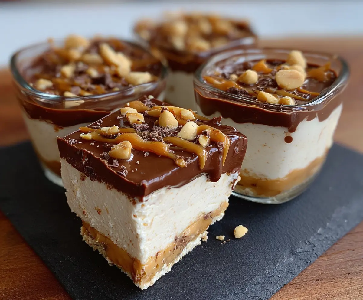 Delicious Cottage Cheese and Peanut Butter Snickers dessert close-up, showcasing creamy textures and chocolate coating.