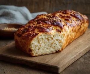 Delicious homemade cottage cheese bread on a rustic wooden table.