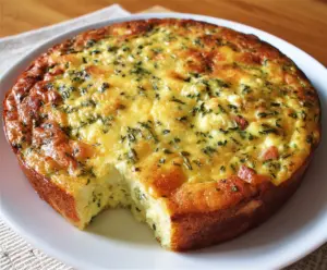Delicious cottage cheese crustless quiche served on a plate, garnished with fresh herbs.