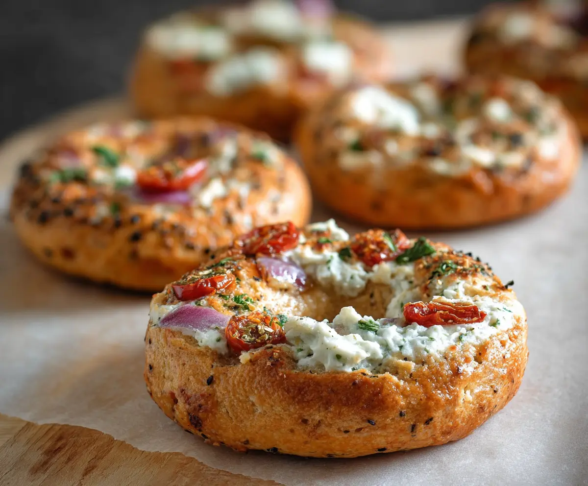 Delicious cottage cheese veggie bagels with fresh vegetables on top, perfect for a healthy snack.