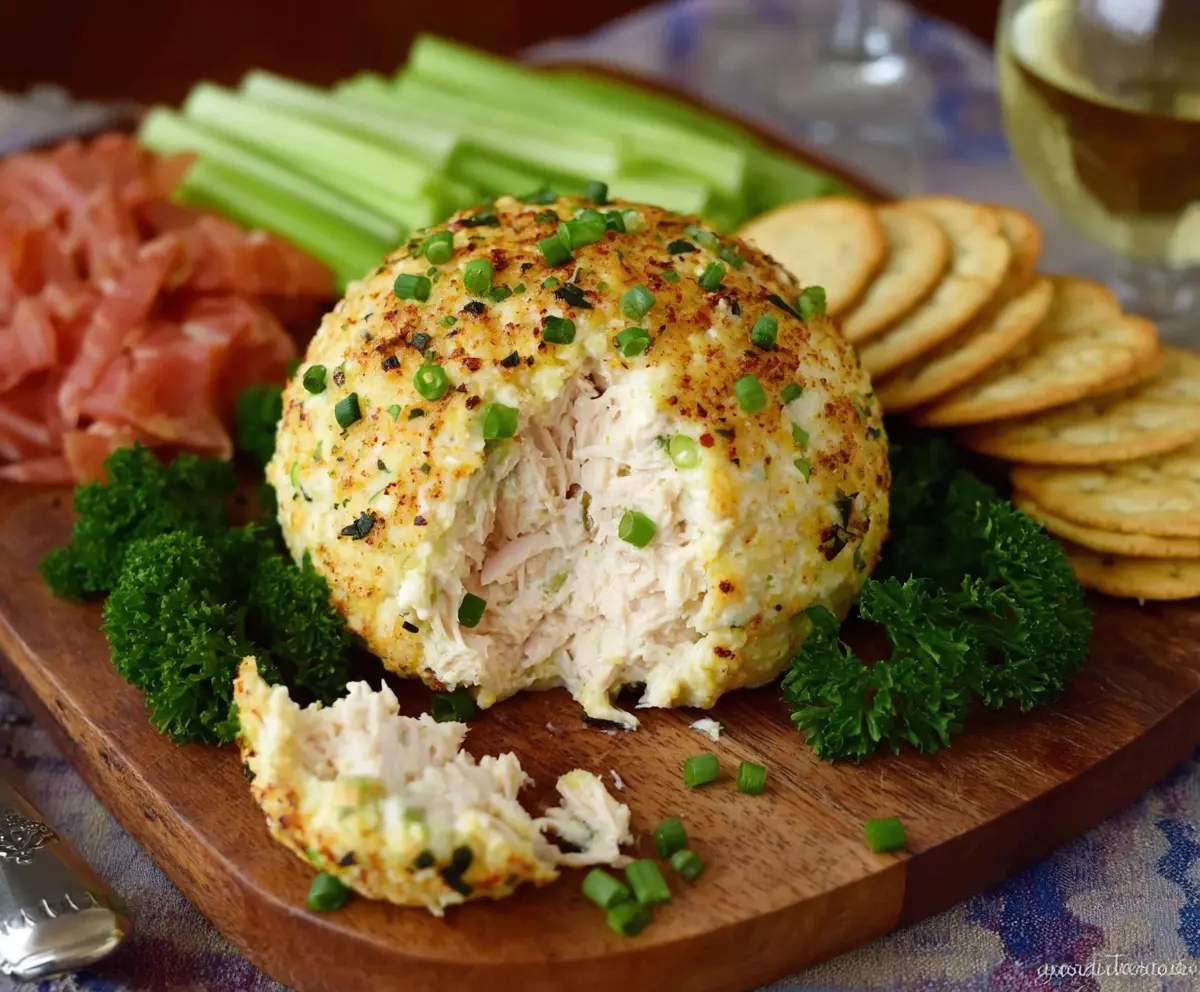 Creamy crab dip cheese ball with fresh herbs for appetizer or party snack.