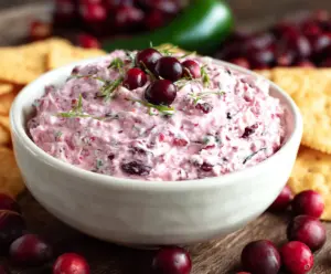 Creamy cranberry jalapeno dip garnished with fresh herbs, perfect for parties and appetizer platters
