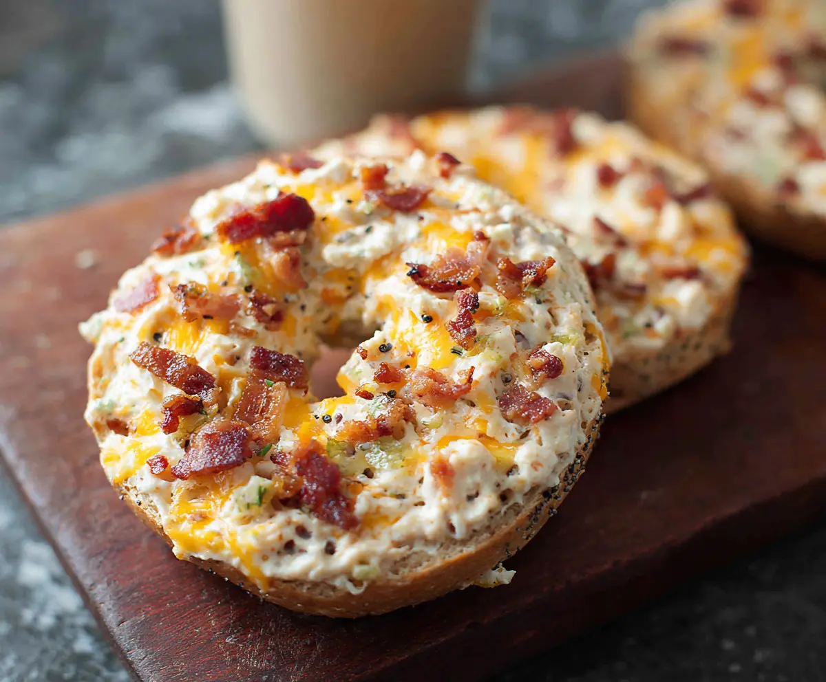 Delicious creamy bacon cheddar bagels with crispy bacon and melted cheese on a rustic wooden table.