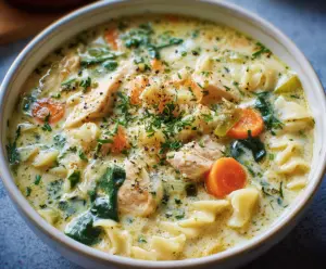 Creamy chicken pasta soup with fresh carrots and spinach in a bowl