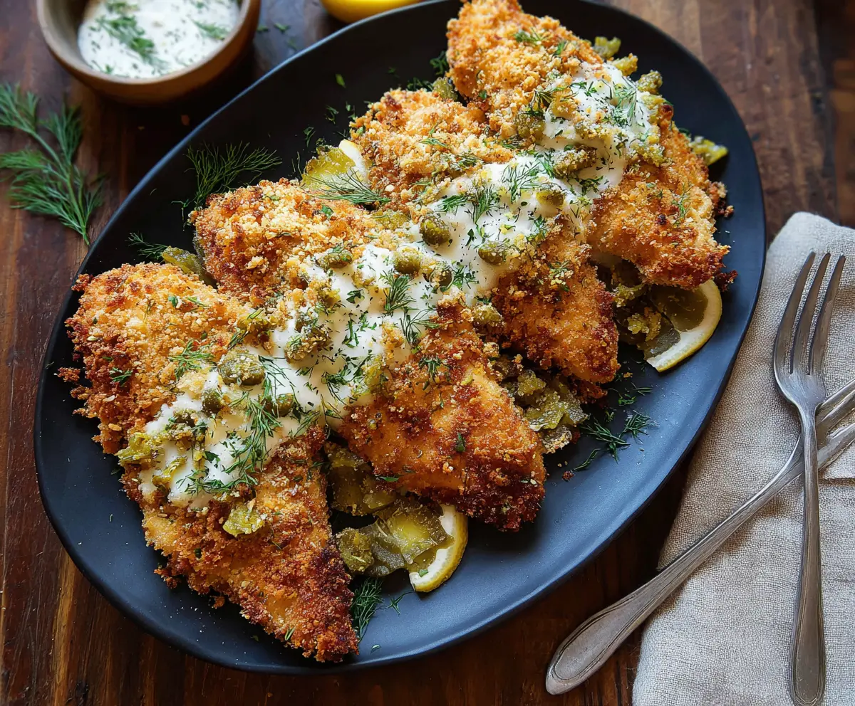 Crispy Dill Pickle Parmesan Chicken served on a plate with fresh herbs