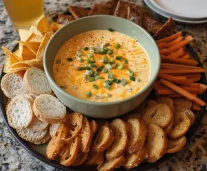 Creamy Crock Pot Beer Cheese Dip served with pretzels and chips