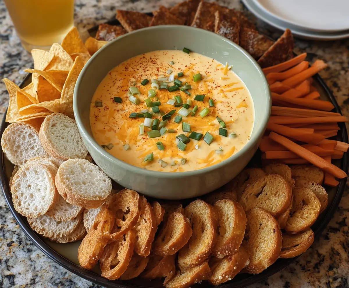 Creamy Crock Pot Beer Cheese Dip served with pretzels and chips