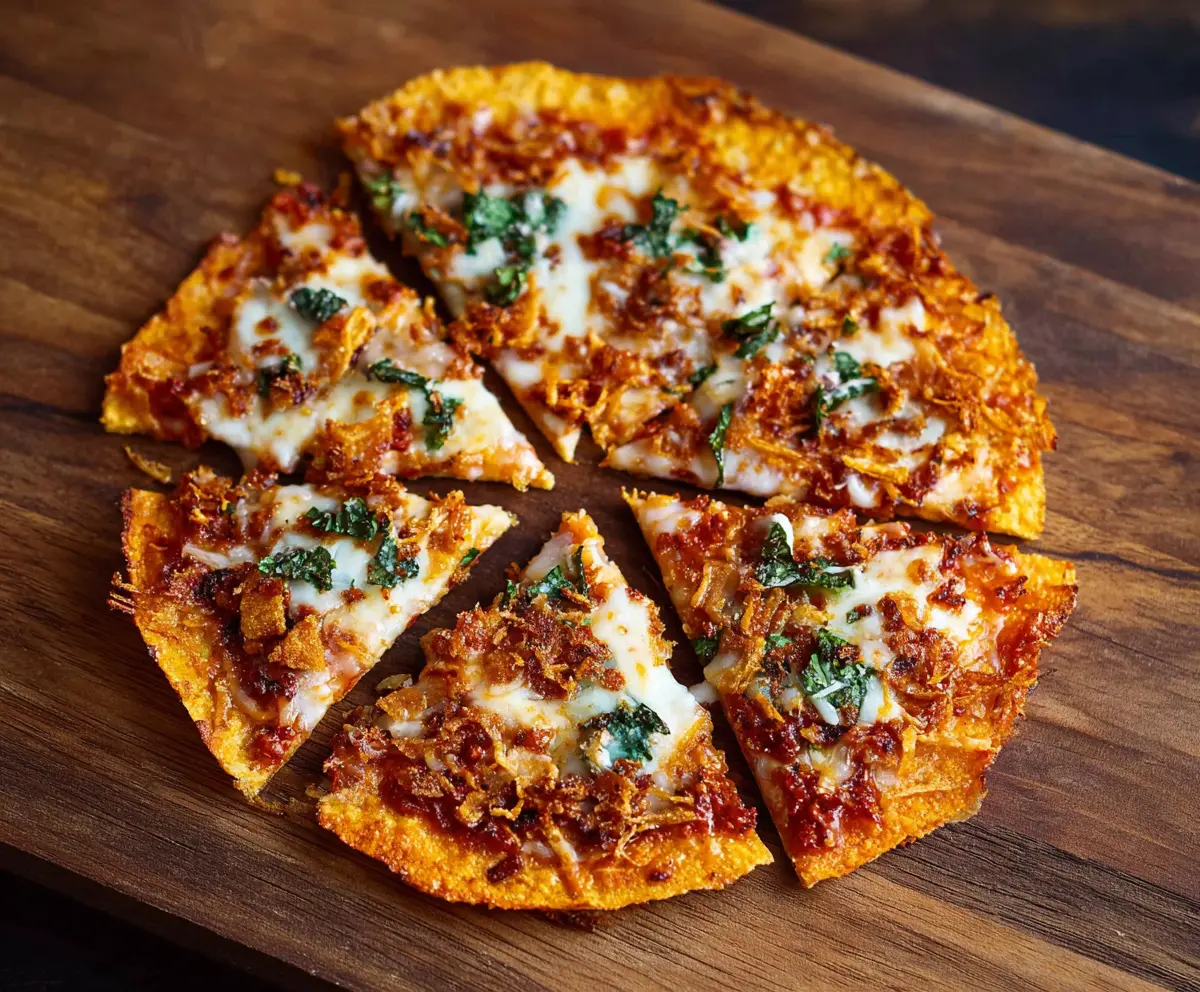 Delicious crispy tortilla pizza topped with cheese and fresh ingredients.