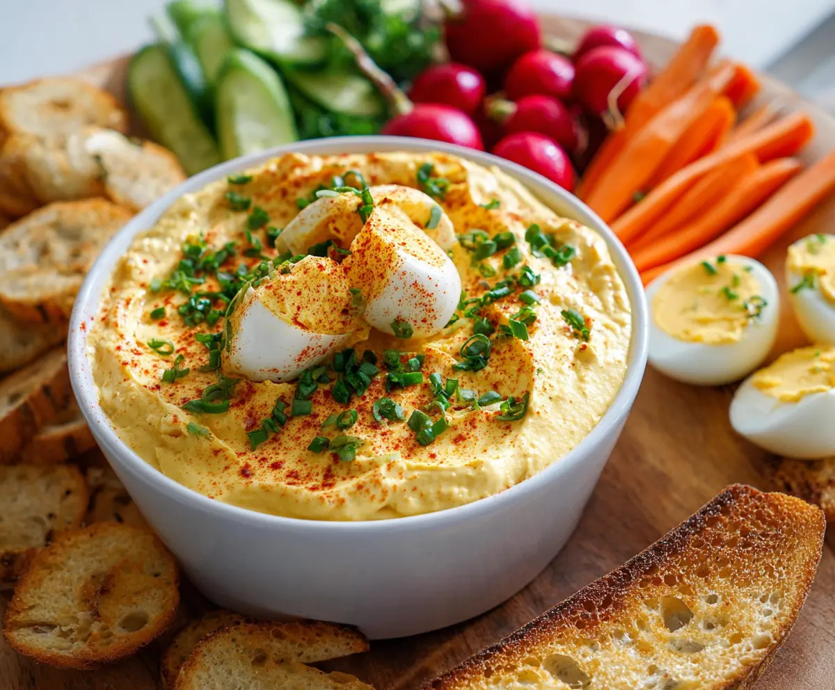Creamy Deviled Eggs Dip served in a white bowl, garnished with paprika and chives.