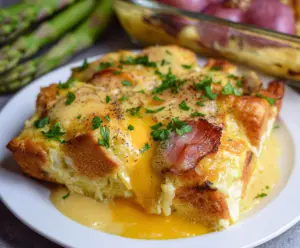 Delicious Eggs Benedict Casserole with poached eggs and hollandaise sauce in a baking dish