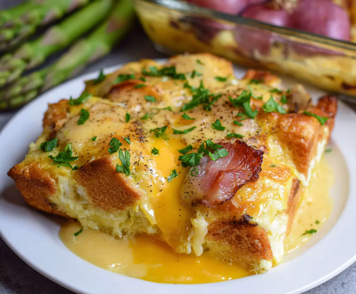Delicious Eggs Benedict Casserole with poached eggs and hollandaise sauce in a baking dish
