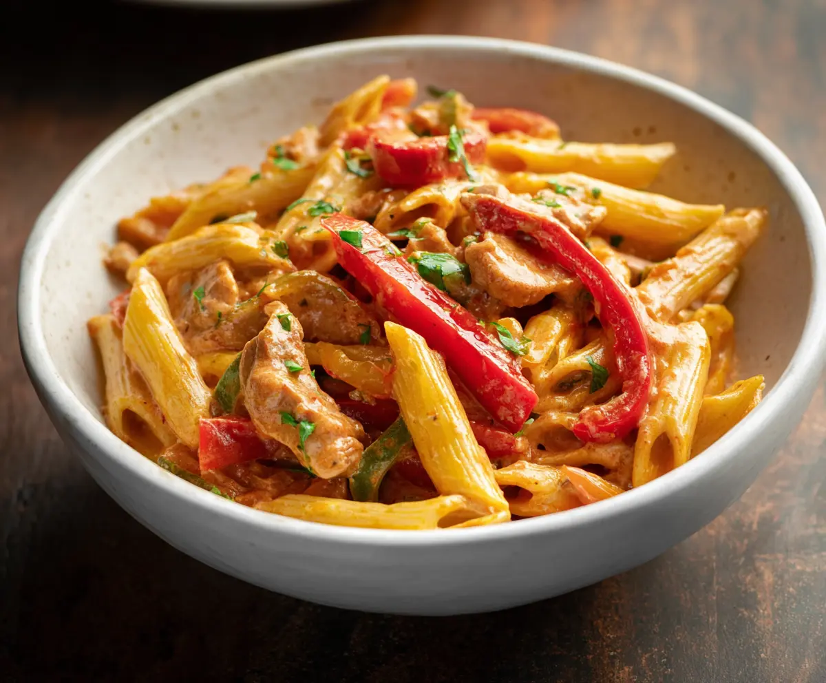 Creamy Fajita Pasta with colorful peppers and tender chicken on a plate.
