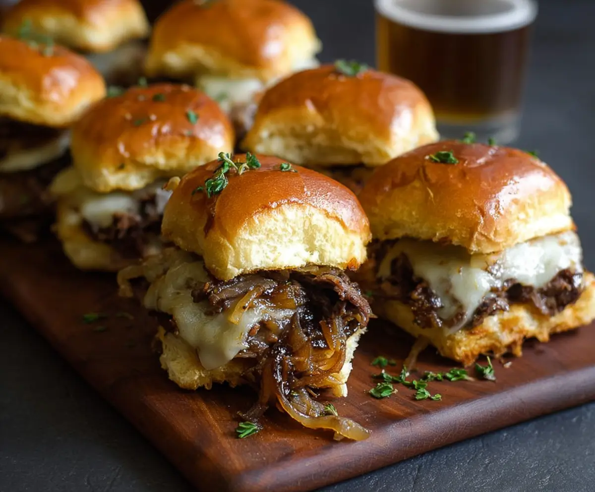 Delicious French Onion Beef Sliders topped with caramelized onions and melted cheese on mini buns.