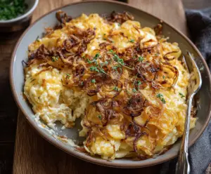 Creamy French Onion Funeral Potatoes baked to golden perfection with caramelized onions and melted cheese.
