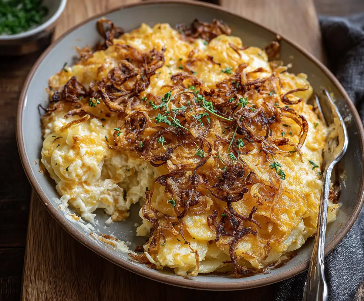 Creamy French Onion Funeral Potatoes baked to golden perfection with caramelized onions and melted cheese.