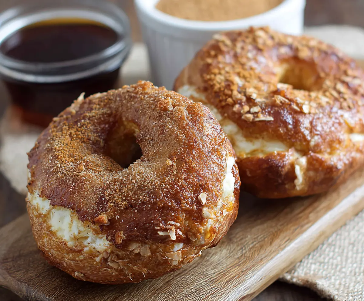 Delicious French toast bagels topped with syrup and fresh berries on a plate.