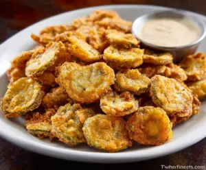 Crispy fried pickles served with dipping sauce on a plate ready to eat