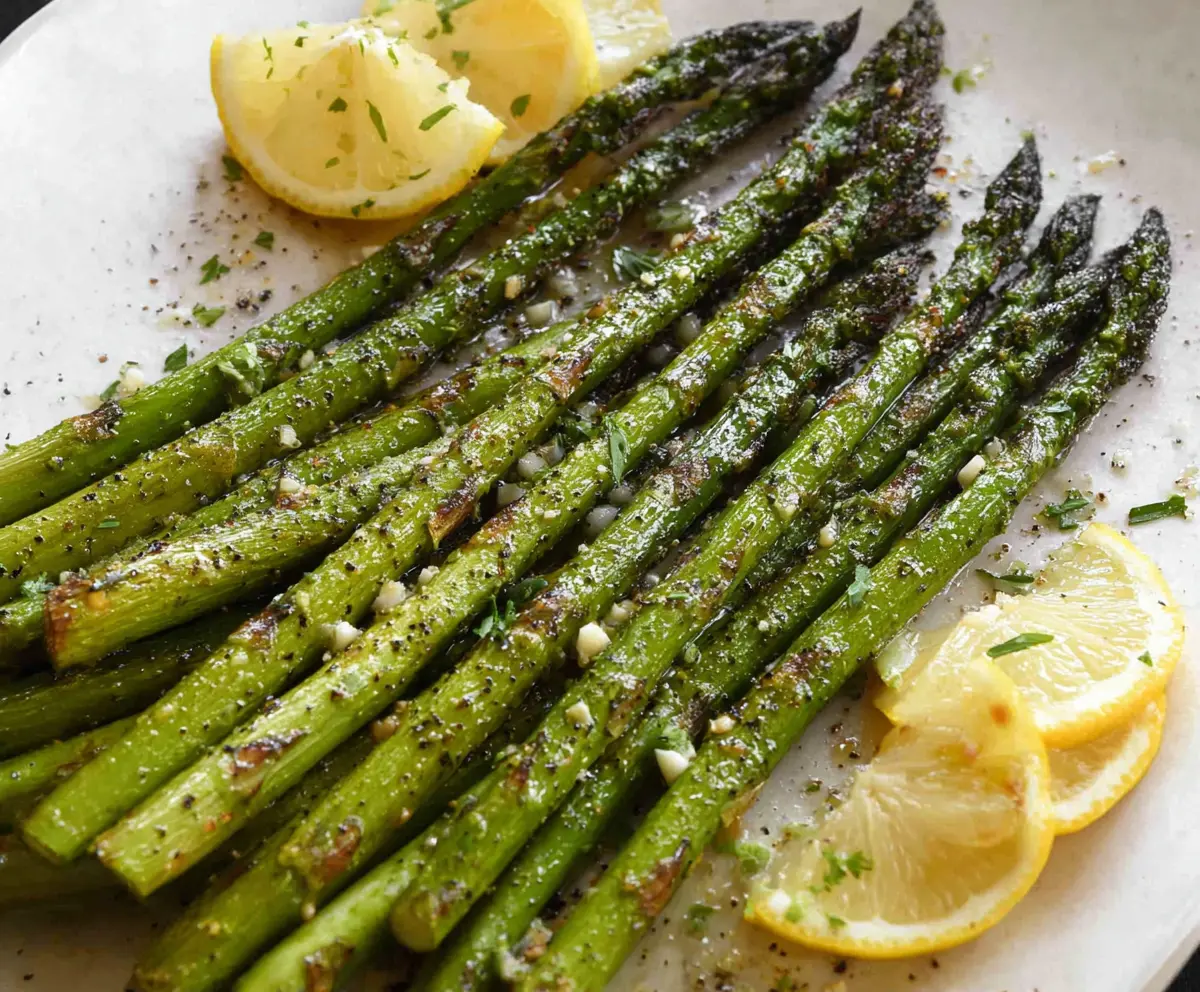 Delicious garlic herb roasted asparagus on a serving plate, perfect for a healthy side dish