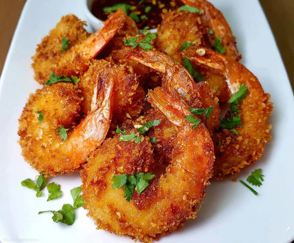 Golden crispy fried shrimp served with a dipping sauce on a white plate