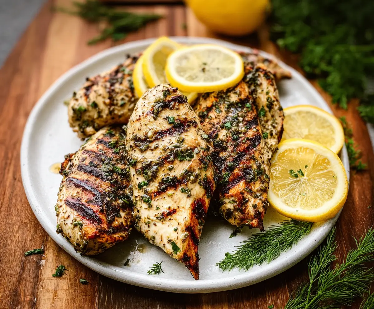 Juicy grilled lemon herb chicken breast served on a plate with fresh herbs and lemon wedges.