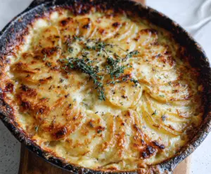 Creamy Gruyère potato gratin baked to golden perfection with crispy edges