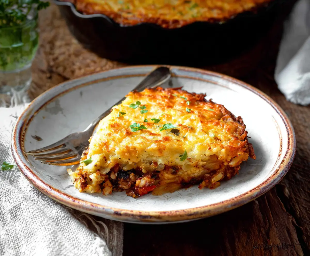 Golden hash brown topping on a hearty Shepherd's Pie served in a rustic dish.