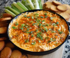 Creamy Honey Sriracha Chicken Dip served in a bowl with fresh herbs, perfect for parties.