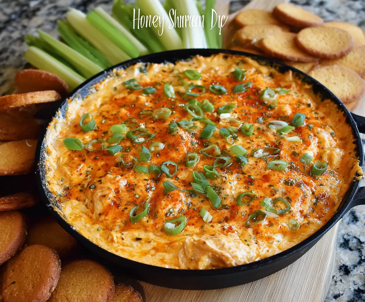 Creamy Honey Sriracha Chicken Dip served in a bowl with fresh herbs, perfect for parties.