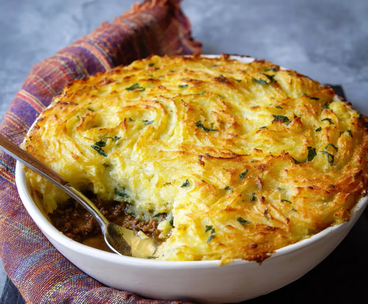 Delicious Irish Cottage Pie with mashed potatoes and hearty meat filling served in a rustic dish.